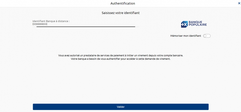 identification screen with remote banking identifier of the customer 