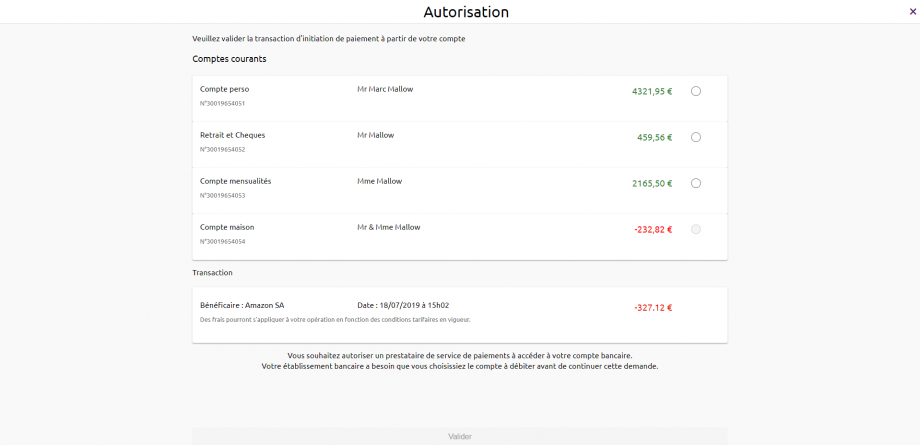 screen to select the customer account to be debited
