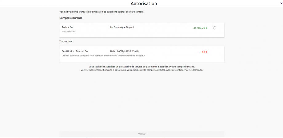 example of screen when the IBAN of the customer to be debited is indicated 