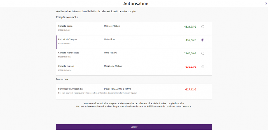 screen when the customer selects and validates the account to be debited